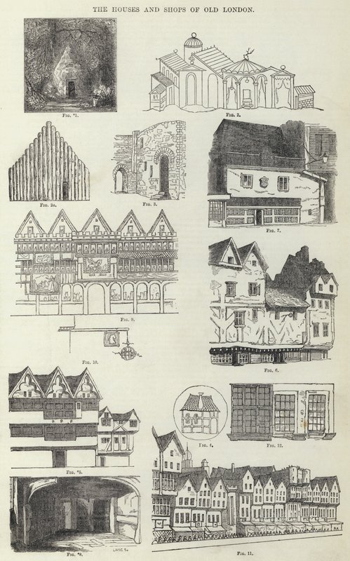 Husene og butikkerne i Old London (gravering) af English School