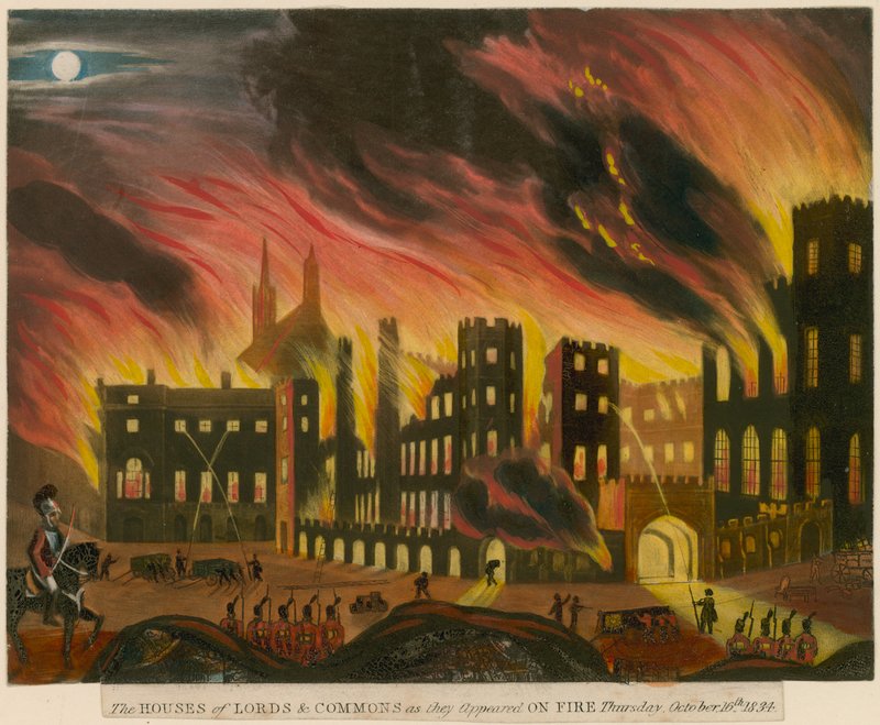 Houses of Lords and Commons, som de så ud i brand, 16. oktober 1834 af English School