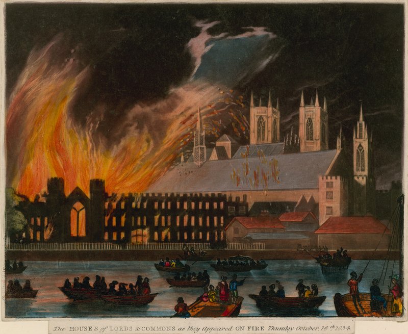 Houses of Lords and Commons, som de så ud i brand, 16. oktober 1834 af English School