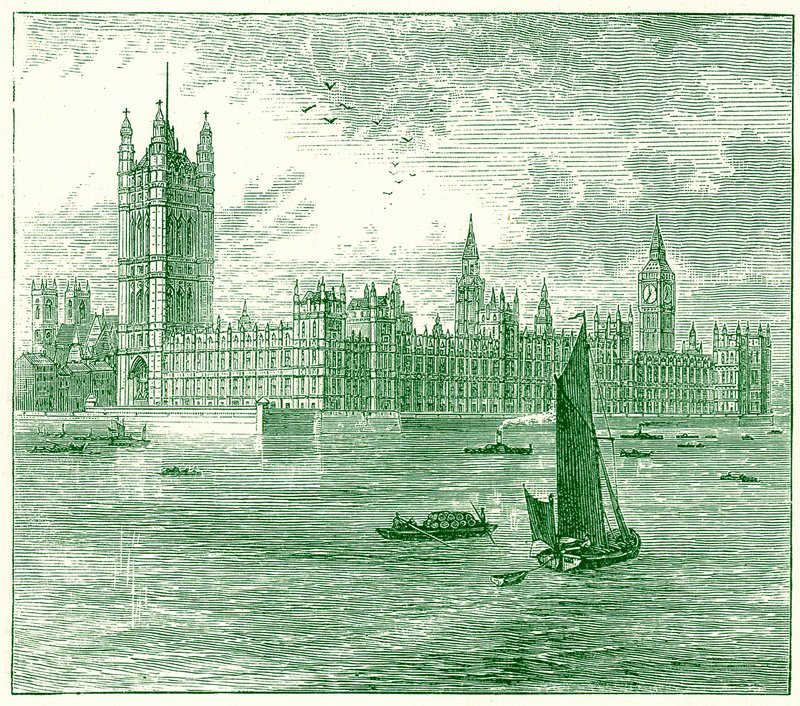 The Houses of Parliament og Westminster Abbey, illustration fra The World as it Is af George Chisolm, udgivet 1885 (digitalt forbedret billede) af English School
