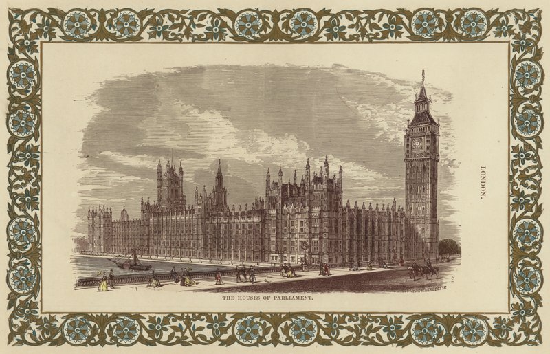 The Houses of Parliament i London (farvegravering) af English School