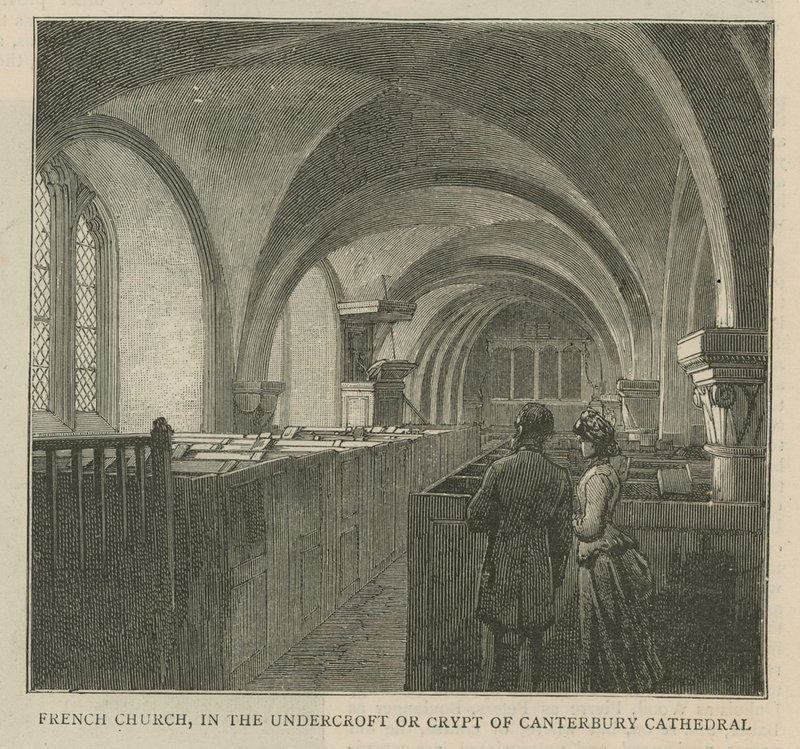 Huguenotterne i England: Fransk kirke i underkroget eller krypten i Canterbury Cathedral af English School