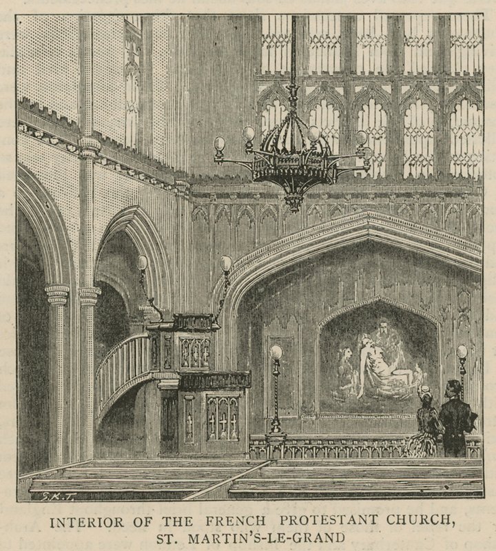Huguenotterne i England: Interiør af den franske protestantiske kirke, St. Martins-le-Grand af English School