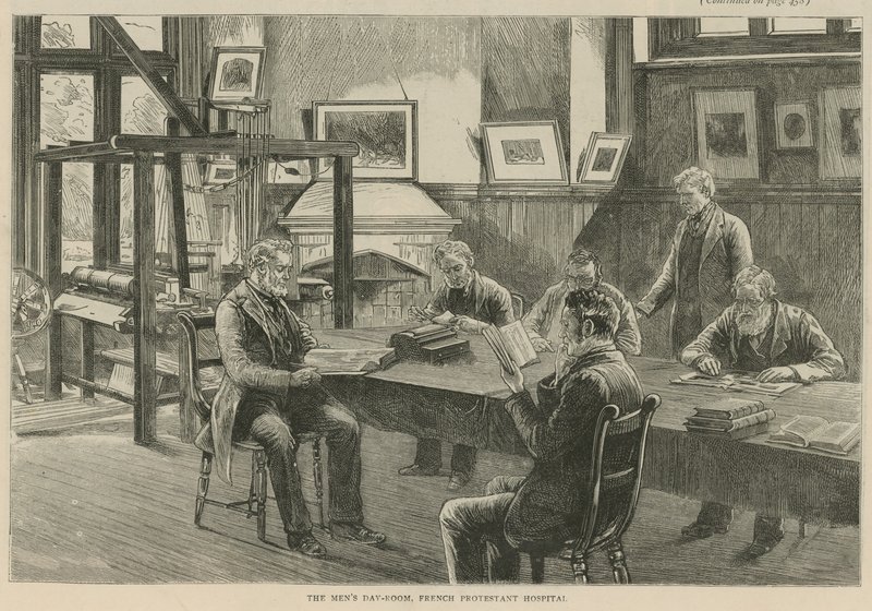 Huguenotterne i England: Mænds dagstue, French Protestant Hospital af English School