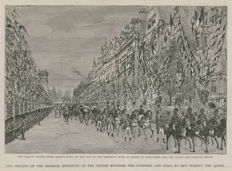 The Imperial Institute: Hendes Majestæt passerer ned ad Queens Gate på vej til åbningsceremonien med en eskorte af livreddere og de indiske og koloniale tropper af English School