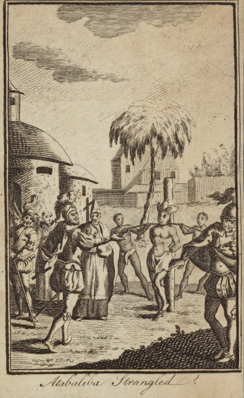 Inkakejseren Atahualpa kvalt efter ordre fra den spanske erobrer Francisco Pizarro, Peru af English School