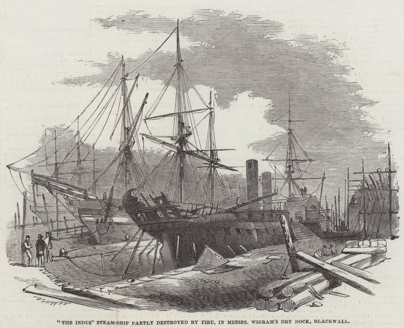 "The Indus" dampskib delvist ødelagt af ild i Messers Wigrams tørdok, Blackwall (gravering) af English School