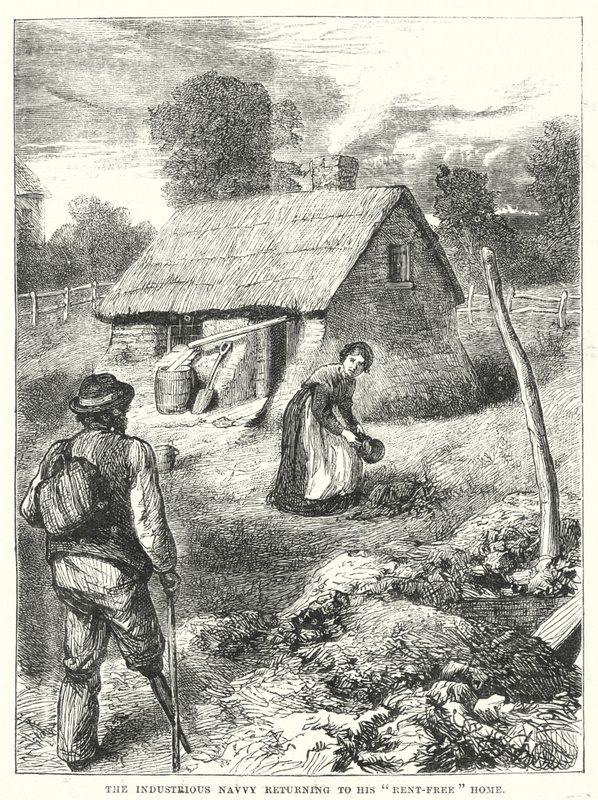 Den flittige navvy vender tilbage til sit "lejefri" hjem (gravering) af English School