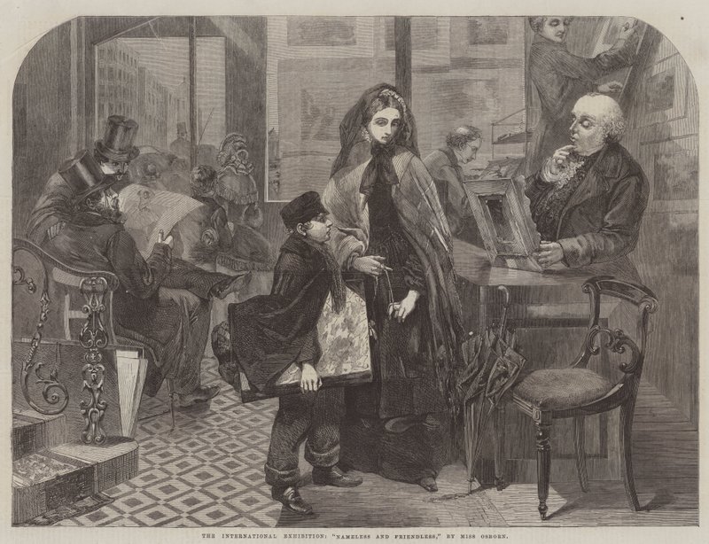 Den internationale udstilling, "Nameless and Friendless" (gravering) af English School
