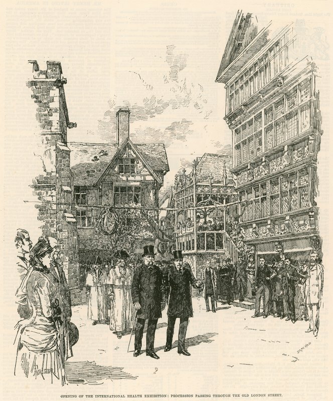 Den internationale sundhedsudstilling i South Kensington: Procession, der går gennem den gamle London-gade af English School