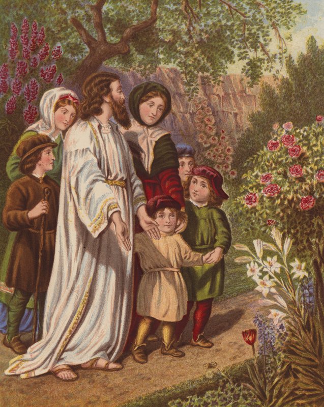 Tolken og pilgrimmene i haven (farvelitografi) af English School