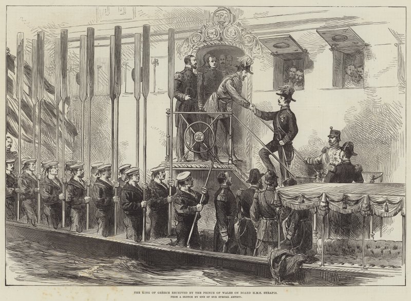 Kongen af Grækenland modtaget af prinsen af Wales om bord på HMS Serapis (gravering) af English School