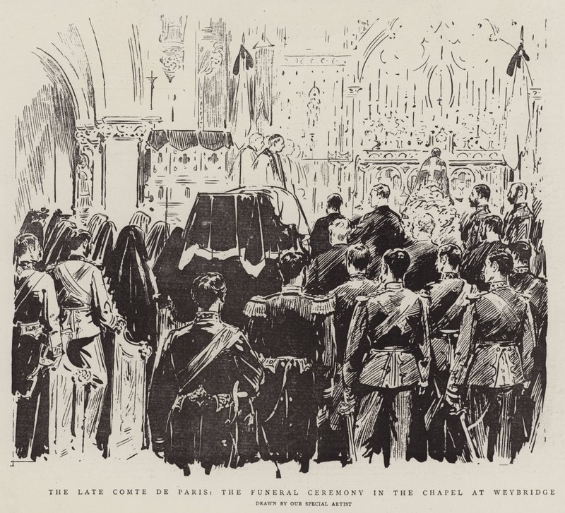 Den afdøde Comte de Paris, begravelsesceremonien i kapellet ved Weybridge (litho) af English School