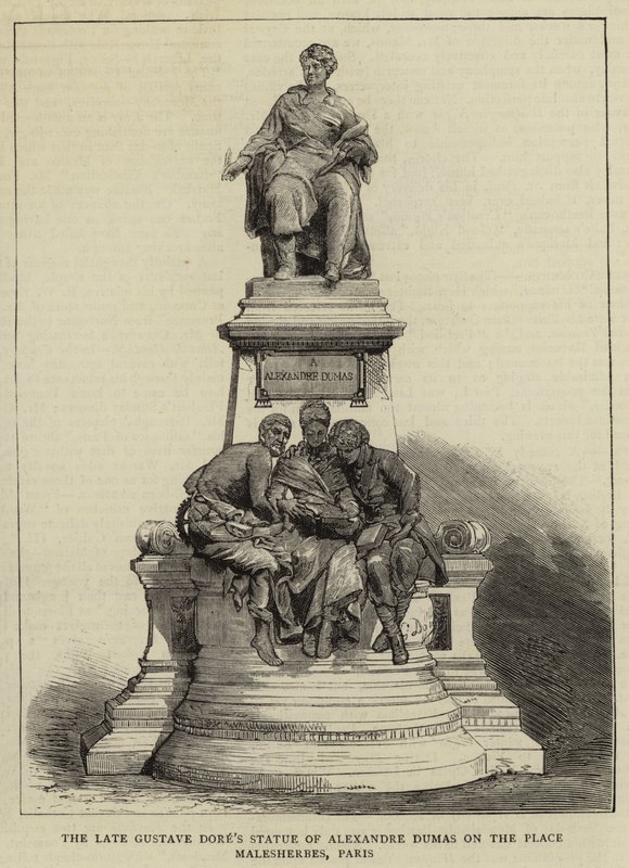 Den afdøde Gustave Dores statue af Alexandre Dumas på Place Malesherbes, Paris (gravering) af English School