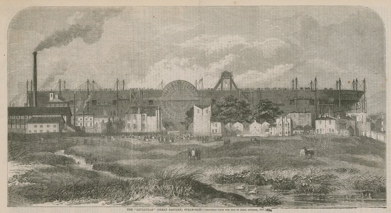Leviathan (Great Eastern) dampskibet, skitseret fra Isle of Dogs, oktober 1857 af English School