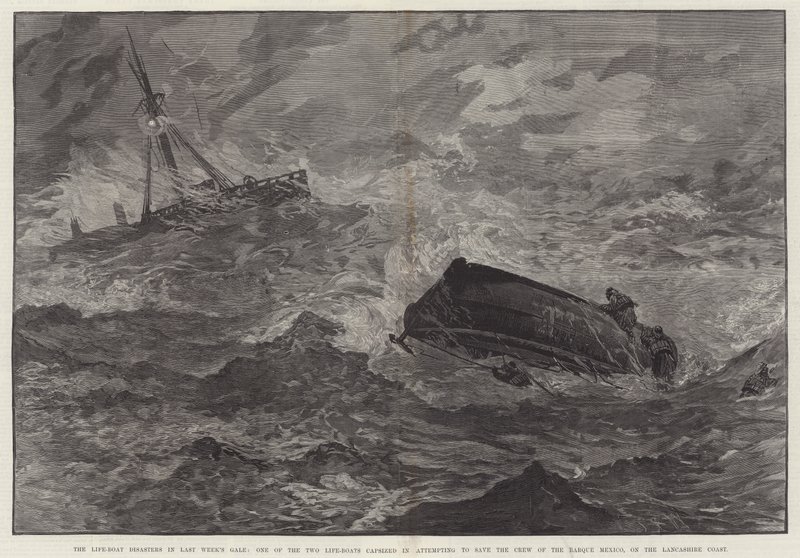 Redningsbådkatastroferne i sidste uges kuling, en af de to redningsbåde kæntrede i et forsøg på at redde besætningen på Barque Mexico på Lancashire Coast (gravering) af English School