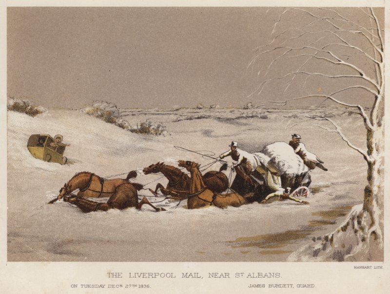 The Liverpool Mail, nær St Albans (farve litho) af English School