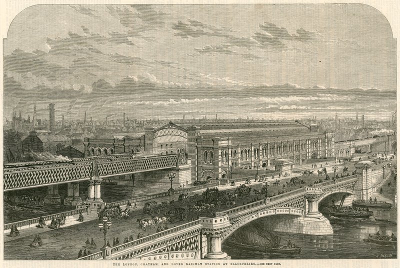 London, Chatham og Dover Railway Station i Blackfriars, London af English School