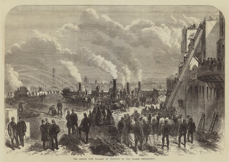 London Fire Brigade ved Practice on Themsen Embankment (gravering) af English School