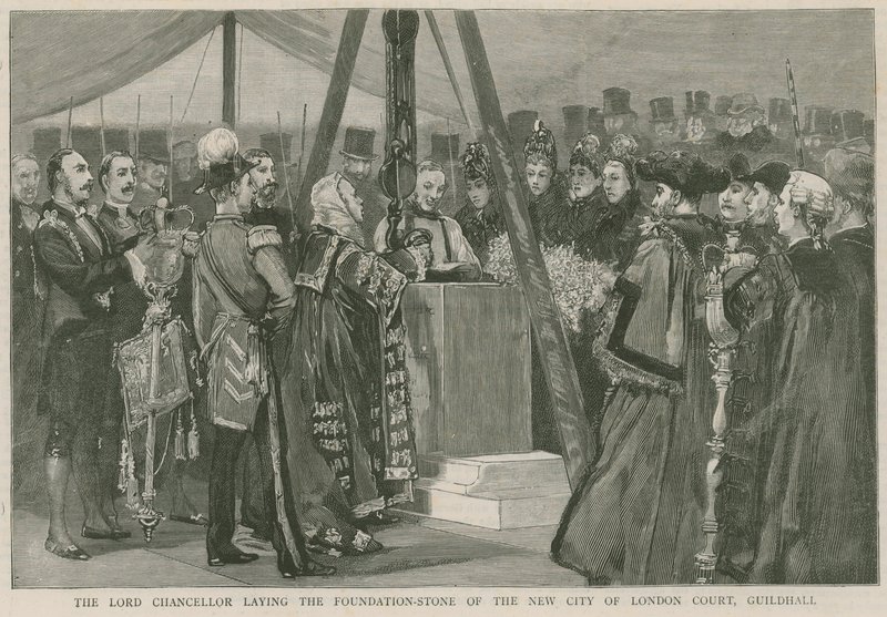 Lord Chancellor lægger grundstenen til den nye City of London Court, Guildhall af English School
