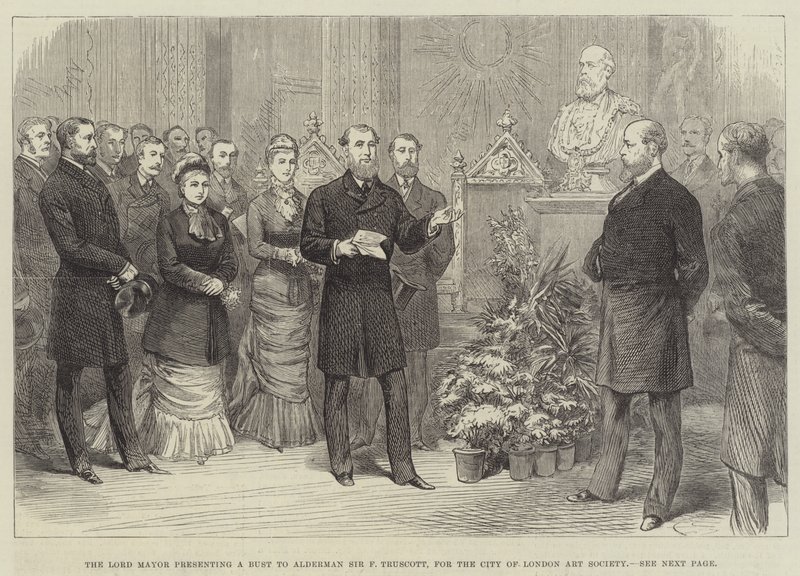 Overborgmesteren præsenterer en buste til rådmand Sir F Truscott, for City of London Art Society (gravering) af English School