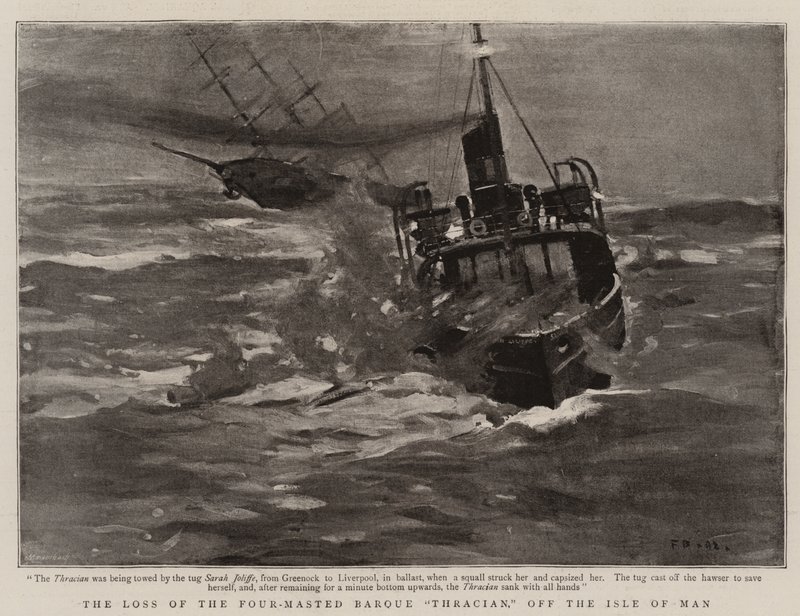 Tabet af den firemastede bark "Thracian" ud for Isle of Man (litho) af English School