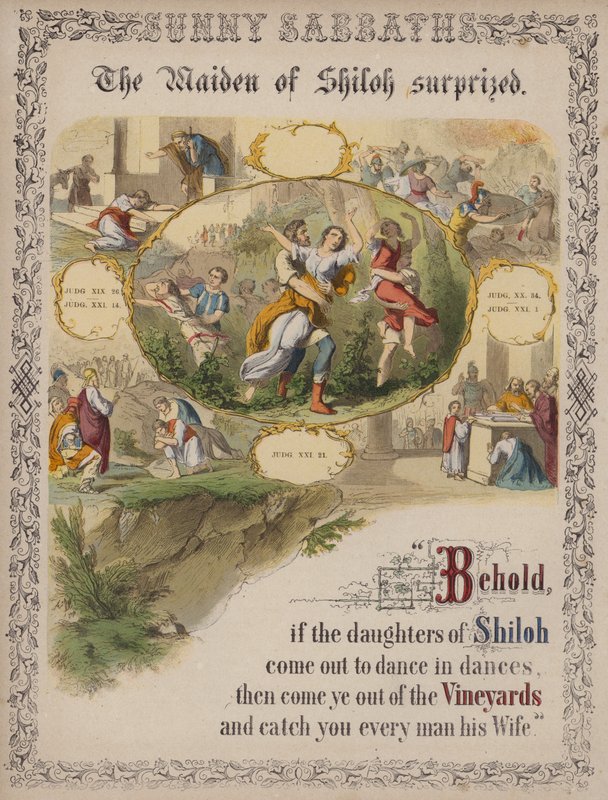 Jomfruen fra Shiloh overrasket (farvet gravering) af English School