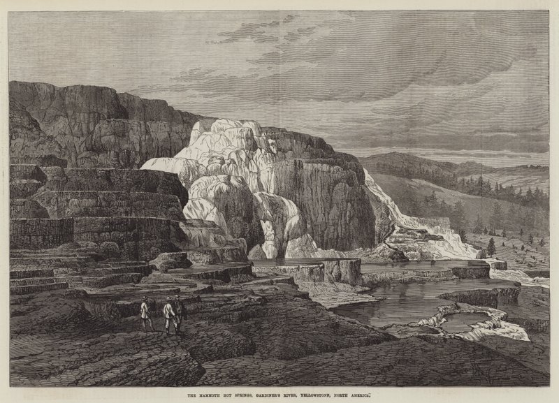 The Mammoth Hot Springs, Gardiner River, Yellowstone, Nordamerika (gravering) af English School
