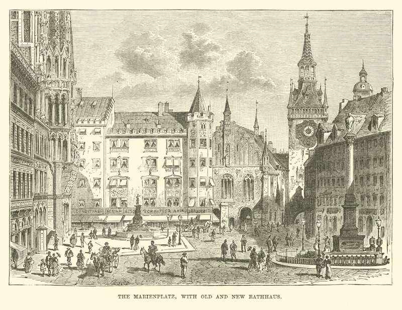 Marienplatz med gamle og nye Rathaus af English School