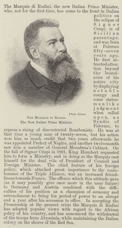 Marquis di Rudini, den nye italienske premierminister (gravering) af English School