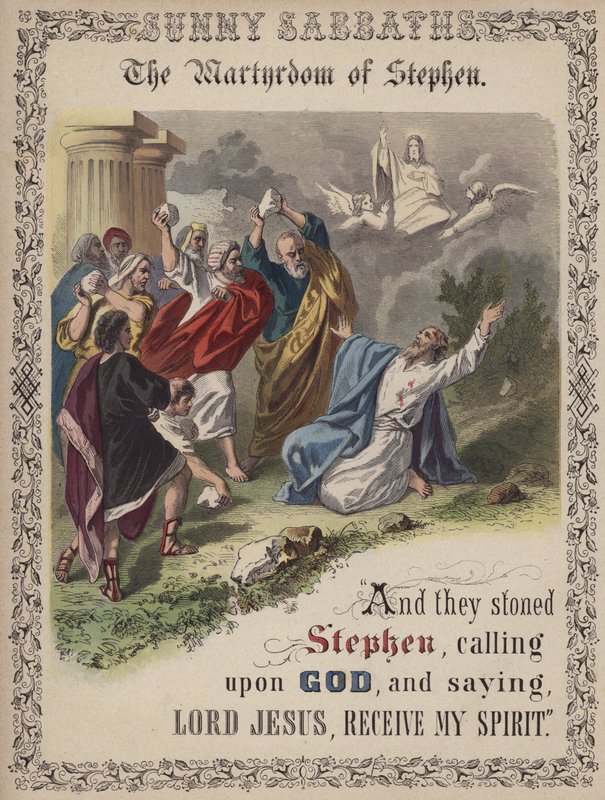 Stephens martyrium (farvet indgravering) af English School