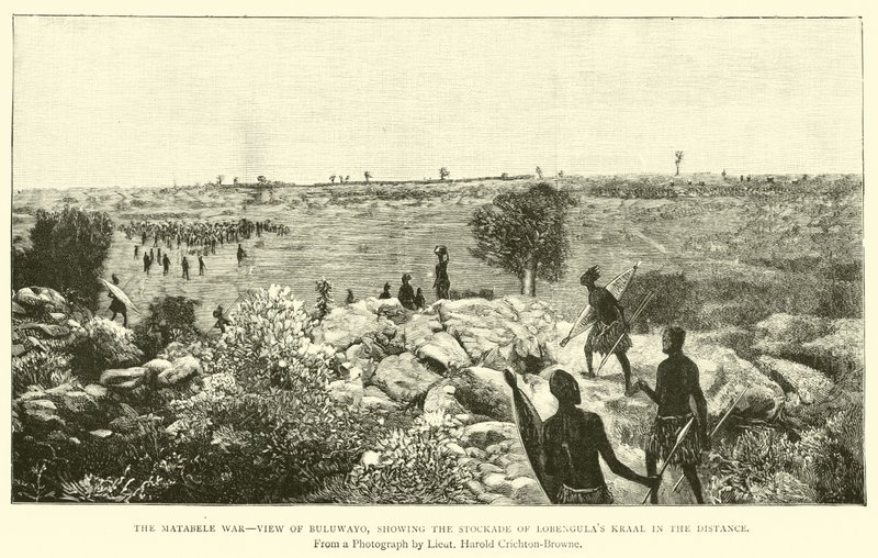 Matabele-krigen, udsigt over Bulawayo, der viser stokken af Lobengulas kraal i det fjerne af English School