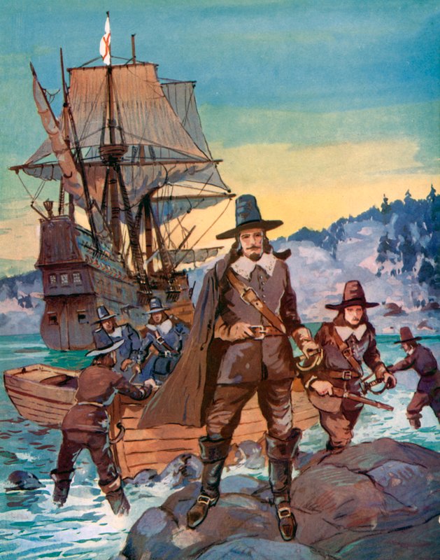 Mayflower og pilgrimsfædrene (farve litho) af English School