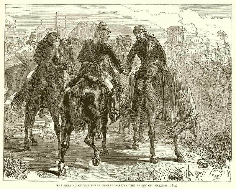 Mødet mellem de tre generaler efter nødhjælpen i Lucknow, 1857 af English School