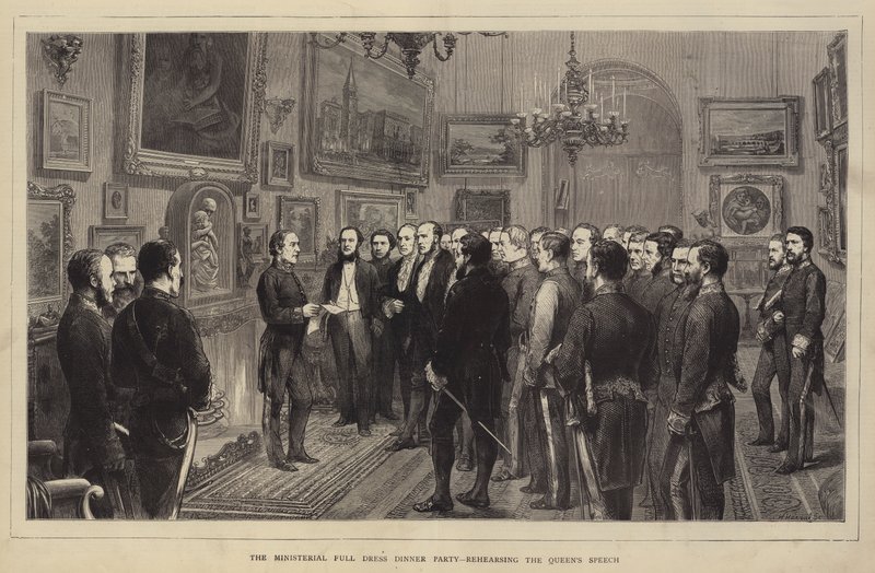 Ministerial Full Dress Dinner Party, hvor dronningens tale øves (gravering) af English School