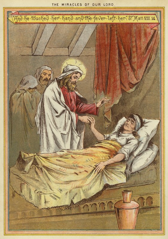 Kristi mirakler: helbredelse af Peters svigermor for feber (chromolitho) af English School