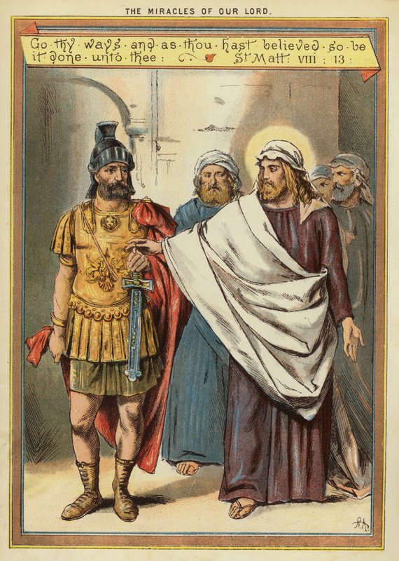 Kristi mirakler: helbredelse af den lammede tjener af en centurion, der har stor tro (chromolitho) af English School