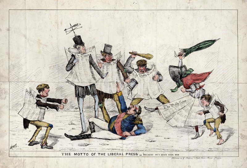 Mottoet for den liberale presse, der viser Napoleon III blive overfaldet af den britiske presse af English School