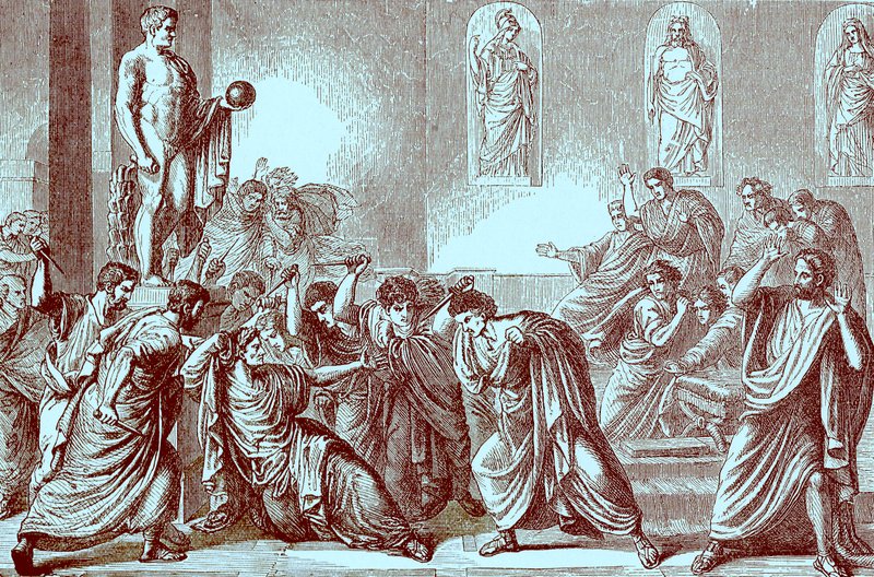 Mordet på Julius Cæsar, illustration fra The Illustrated History of the World, udgivet ca. 1880 (digitalt forbedret billede) af English School