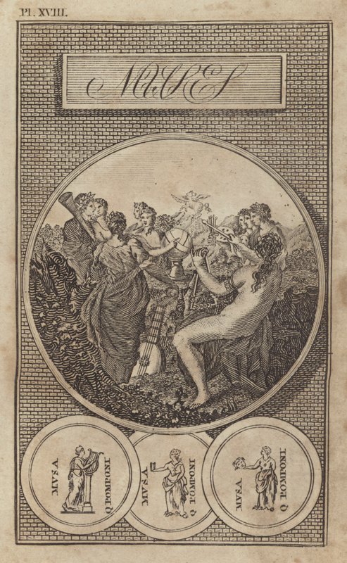 Muserne, antikke græske og romerske gudinder for litteratur, videnskab og kunst (gravering) af English School