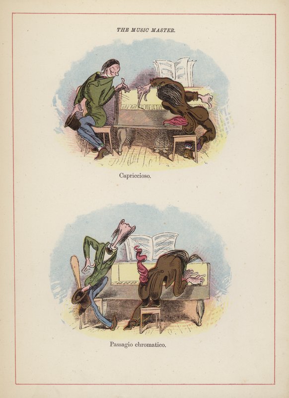Musikmesteren - forskellige måder at spille klaver på (farve litho) af English School