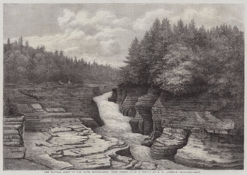 De naturlige trin ved floden Montmorency, nær Quebec (gravering) af English School