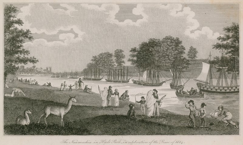 Naumachia i Hyde Park til fejring af freden i 1814 af English School