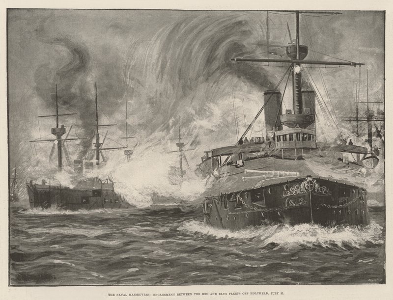 Sømanøvrerne, engagement mellem den røde og blå flåde ud for Holyhead, 31. juli (litho) af English School