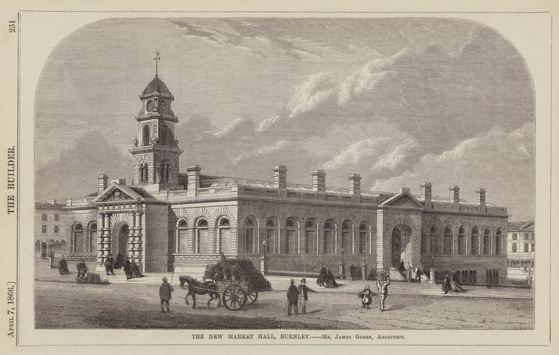 The New Market Hall, Burnley, Mr James Green, arkitekt (gravering) af English School