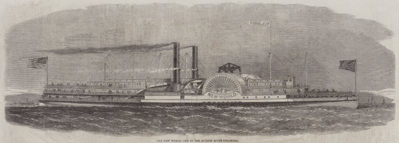 The New World, en af Hudson River Steamers (gravering) af English School