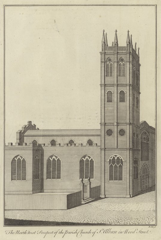 North West Prospect af Parish Church of St Alban i Wood Street, London af English School