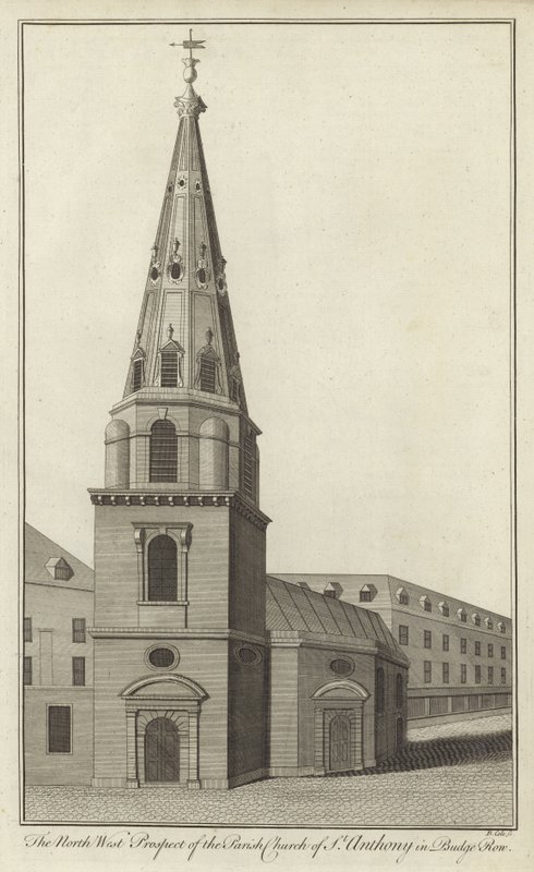 North West Prospect af Parish Church of St Anthony i Budge Row, London af English School