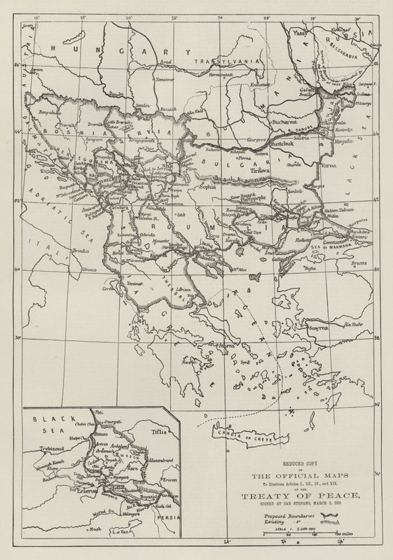 De officielle kort over fredstraktaten, underskrevet i San Stefano, 3. marts 1878 (gravering) af English School