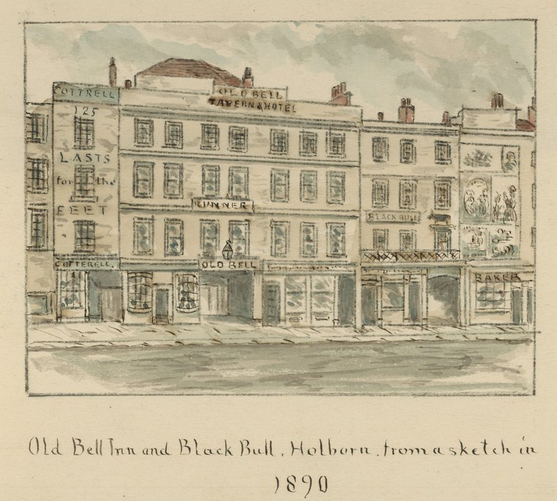 The Old Bell Inn and Black Bull, Holborn, London (wc på papir) af English School
